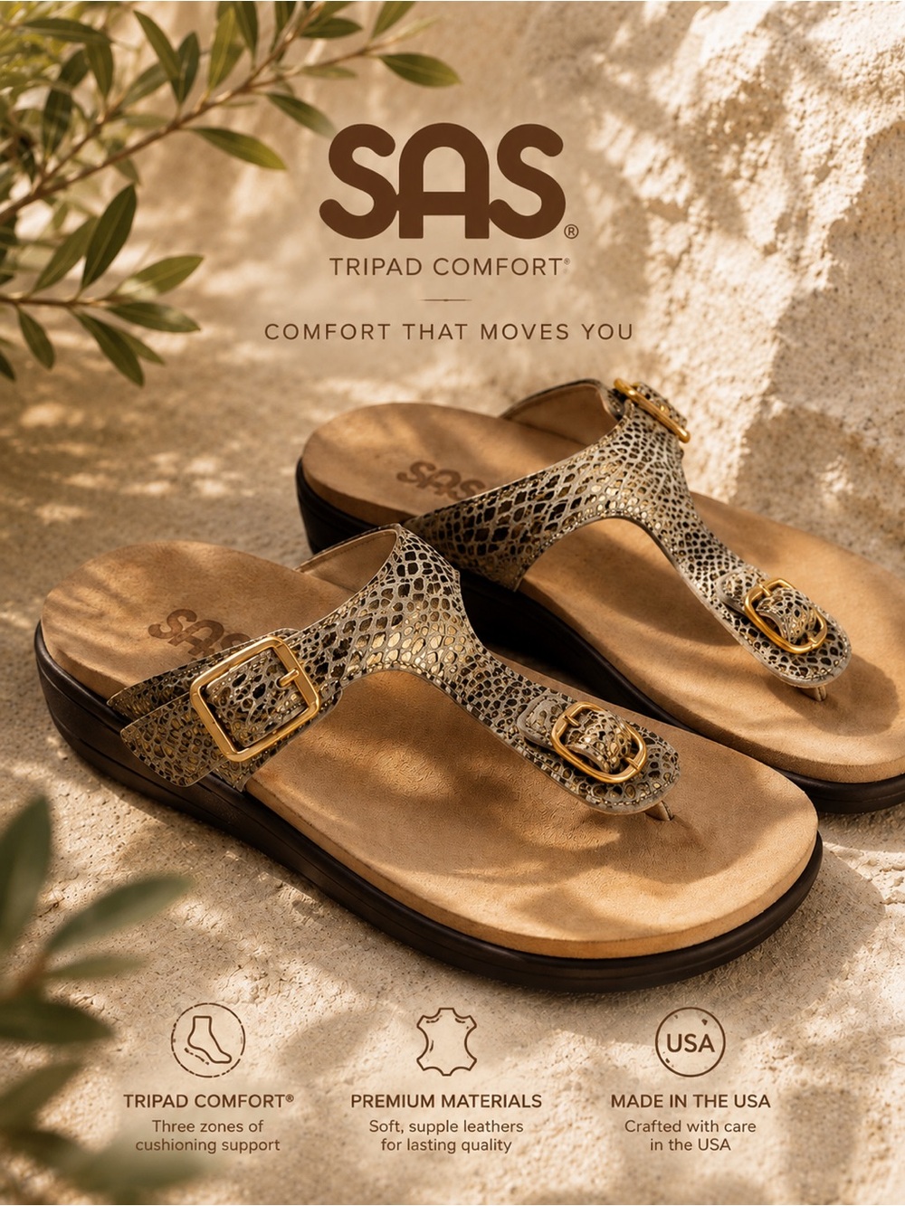SAS Tripad Comfort Leather T Strap Thong Sandals Bronze Gold Size 7 M USA